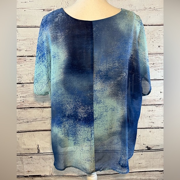 LIVE AND LET LIVE Blouse Sheer w Attached Tank Blue Print w Rhinestone Trim-1X - Picture 2 of 2